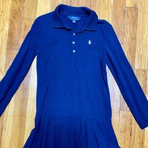 Girls L/S polo dress. Navy cotton.